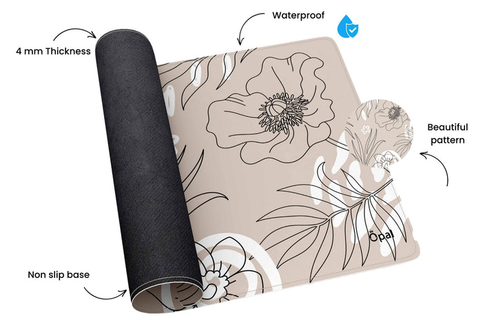 Beige and Black Line Art Flowers and Plants DESK PAD -WATERPROOF 90x40 cm