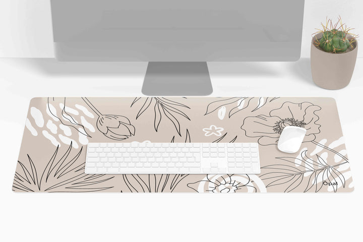 Beige and Black Line Art Flowers and Plants DESK PAD -WATERPROOF 90x40 cm