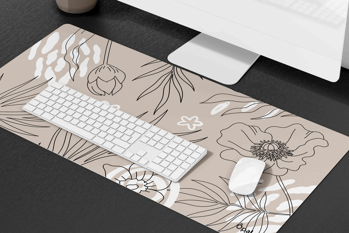 Beige and Black Line Art Flowers and Plants DESK PAD -WATERPROOF 90x40 cm