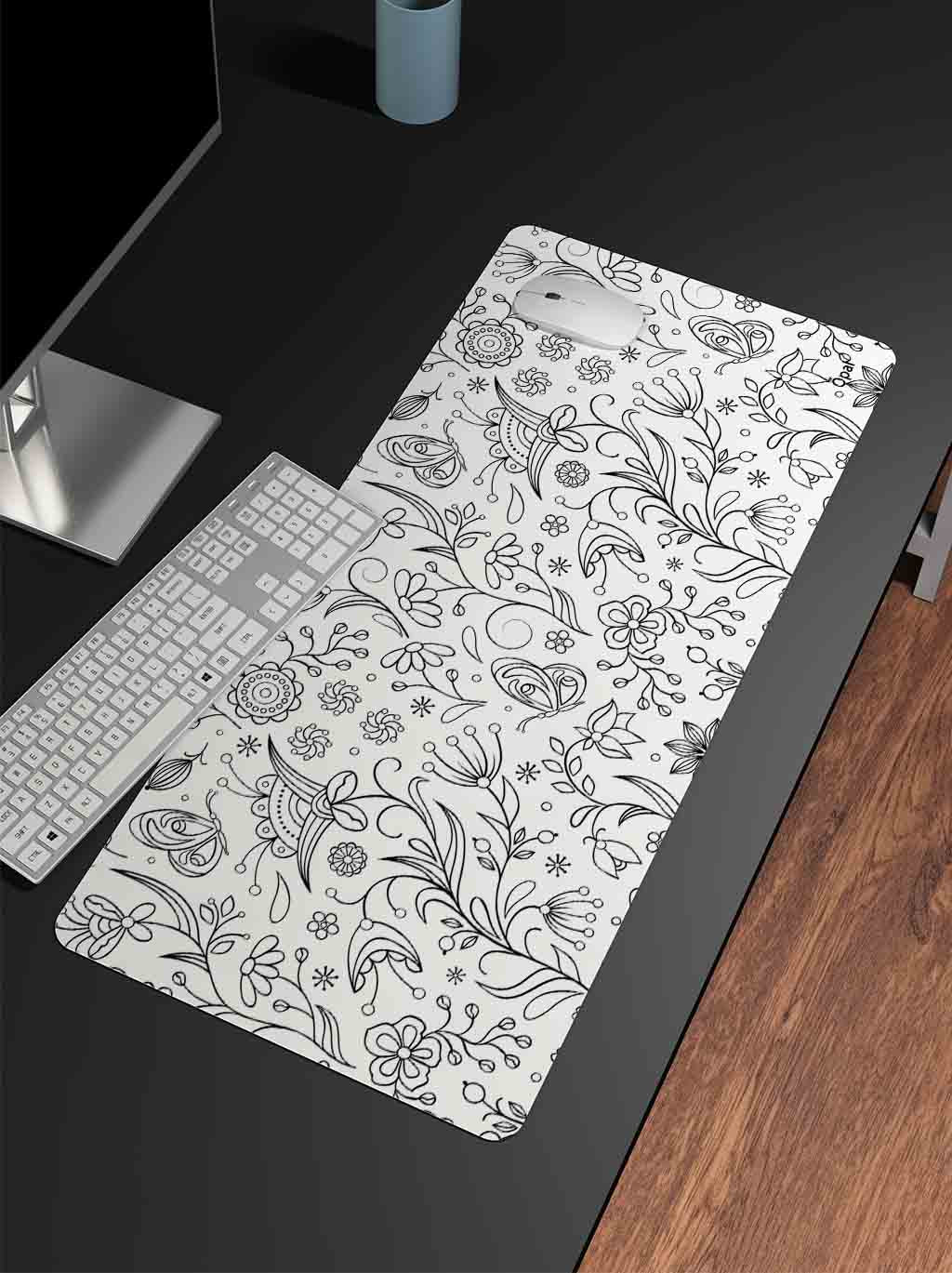 Black and White Illustrative Floral Seamless DESK PAD -WATERPROOF