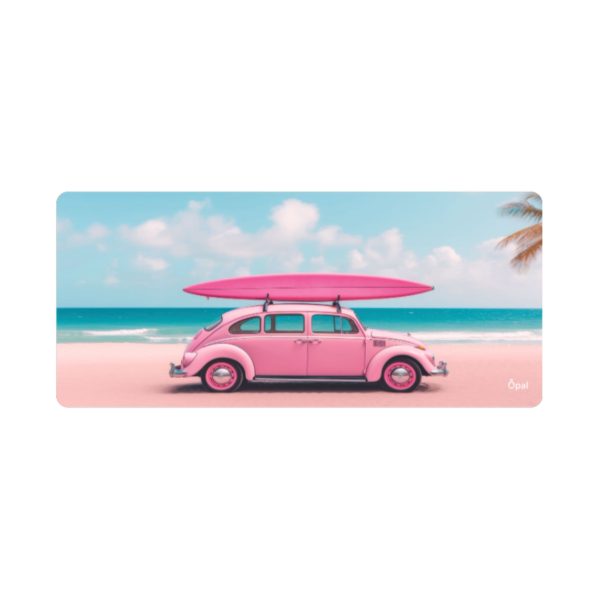 A PINK CAR WITH A SURFBOARD DESK PAD