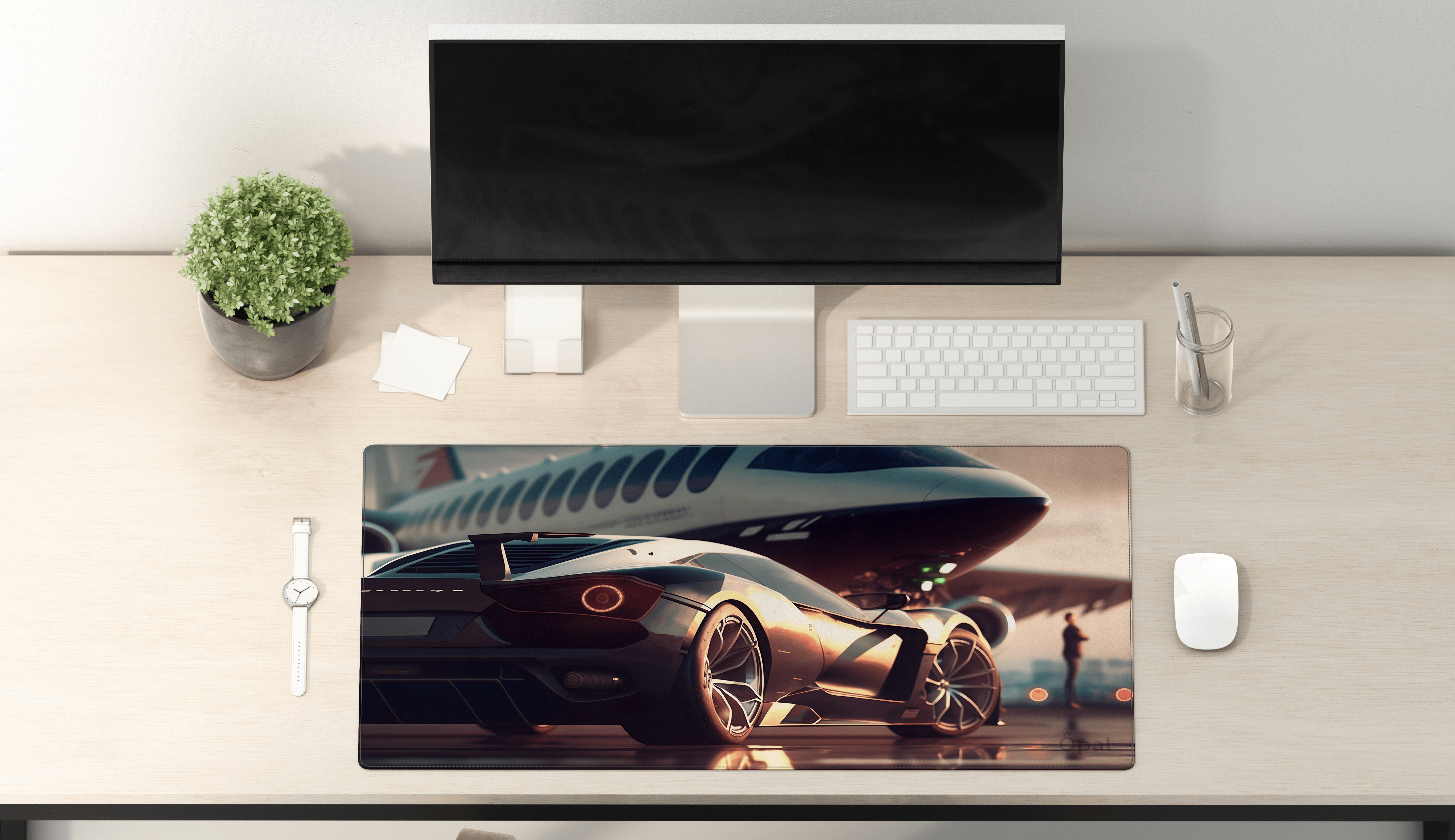 PRIVATE JET AND LUXURY CAR AT THE AIRPORT DESK PAD