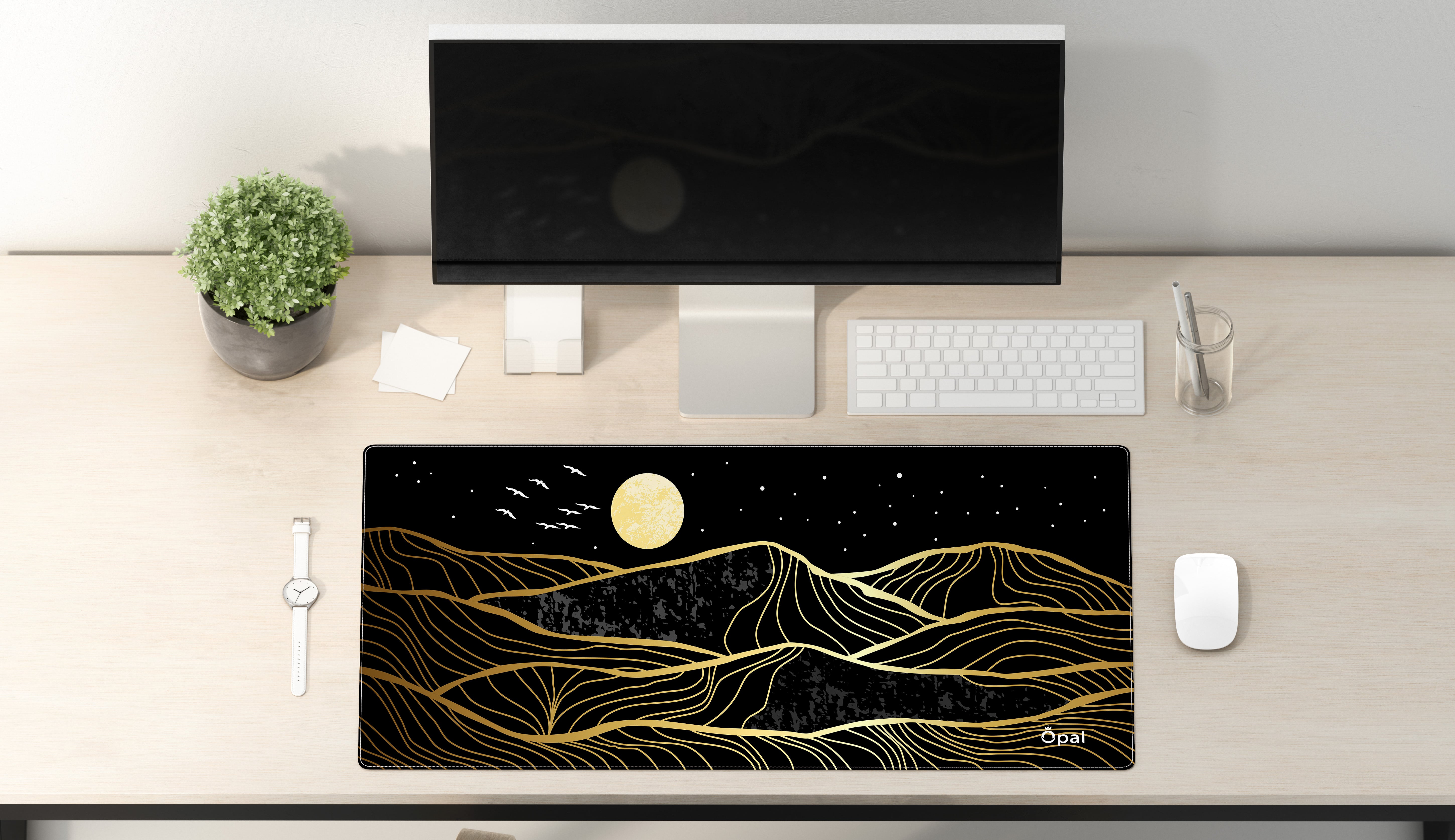 ABSTRACT MOUNTAIN ART WITH BLACK & GOLD DESK PAD
