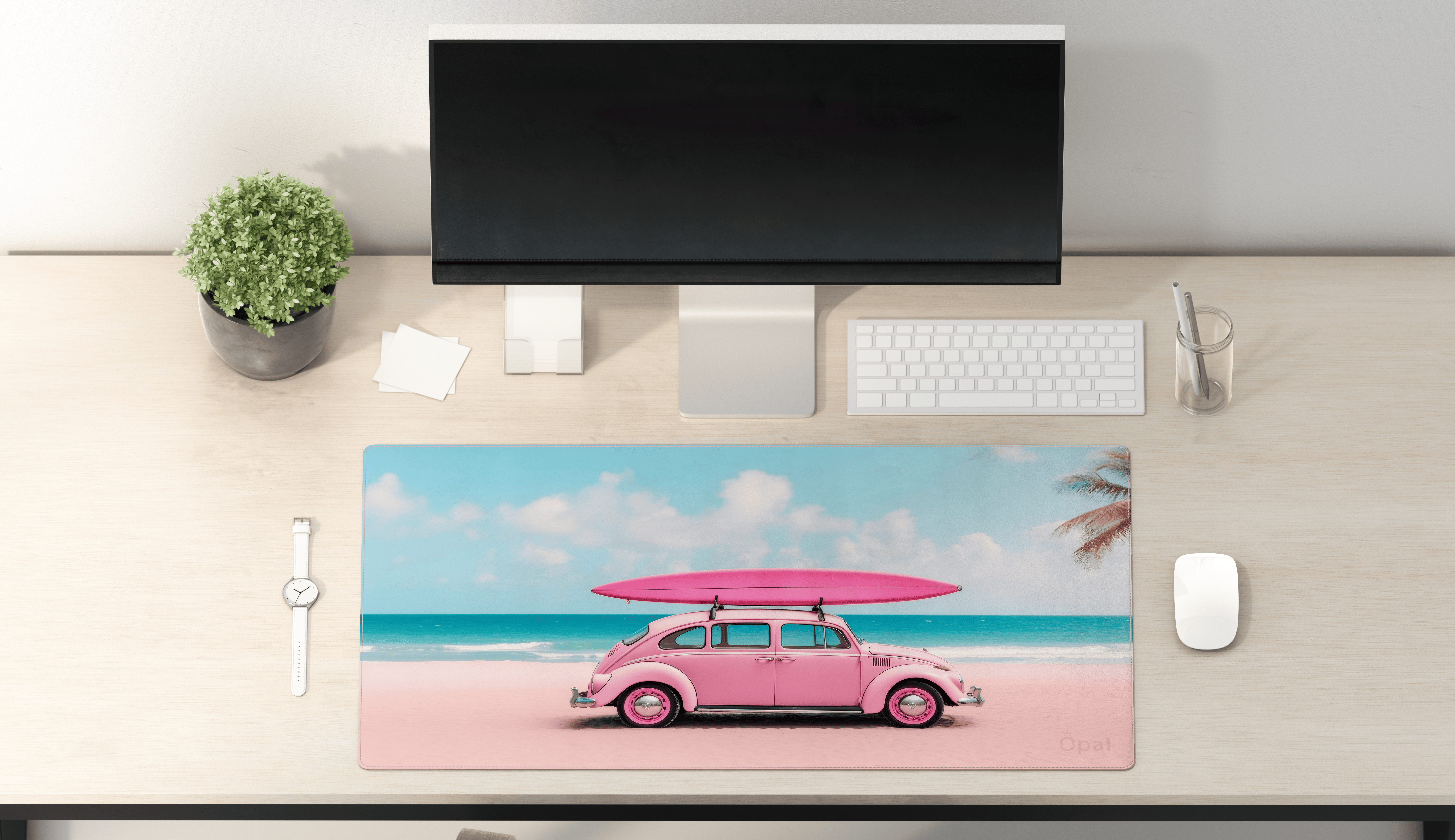 A PINK CAR WITH A SURFBOARD DESK PAD